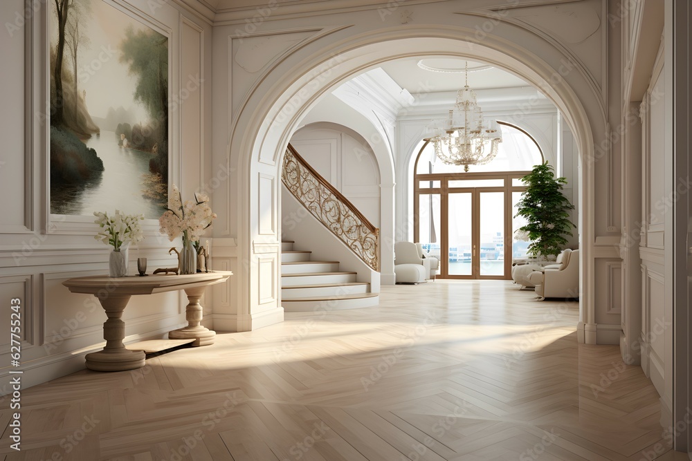 Interior design of modern entrance hall with staircase in villa.