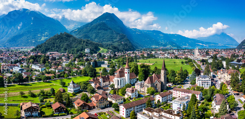 Obraz na plátně Aerial view over the city of Interlaken in Switzerland