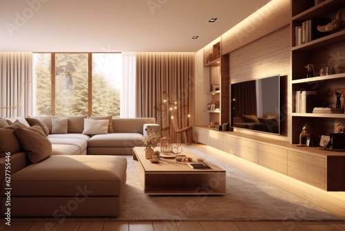 fabulous interior design of living room with details of couch and comfortable settings. luxurious furniture and high end design