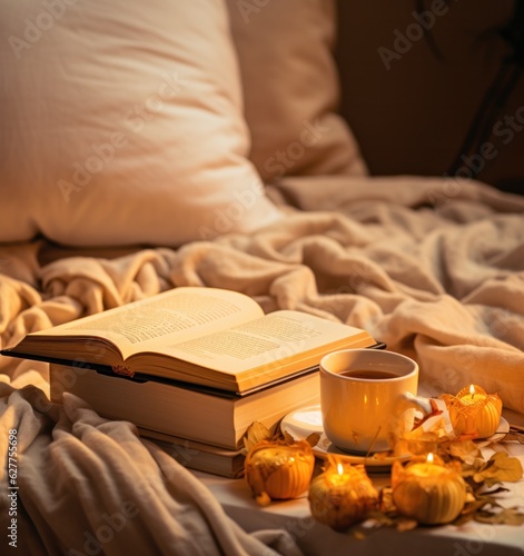Cozy background with coffee cup and book