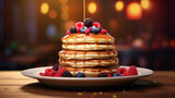 A captivating bokeh scene with a hyper-realistic stack of fluffy pancakes, drizzled with maple syrup and topped with berries. Generative AI