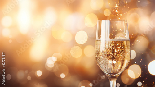 A bokeh-filled backdrop with a hyper-realistic glass of sparkling champagne  with bubbles rising to the top. Generative AI