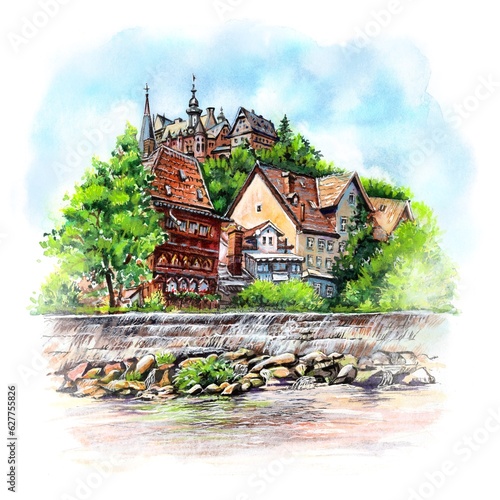 Watercolor sketch of Marburg and Lahn river, Germany
