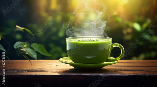 A bokeh background showcasing a hyper-realistic cup of green tea, with steam rising from the soothing brew. Generative AI