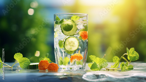 A bokeh-filled backdrop featuring a hyper-realistic glass of fruit-infused water, with slices of cucumber and mint floating inside. Generative AI