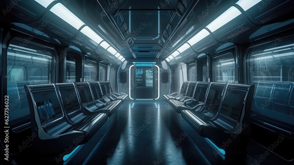 Inside an empty high speed train. Created with generative AI.