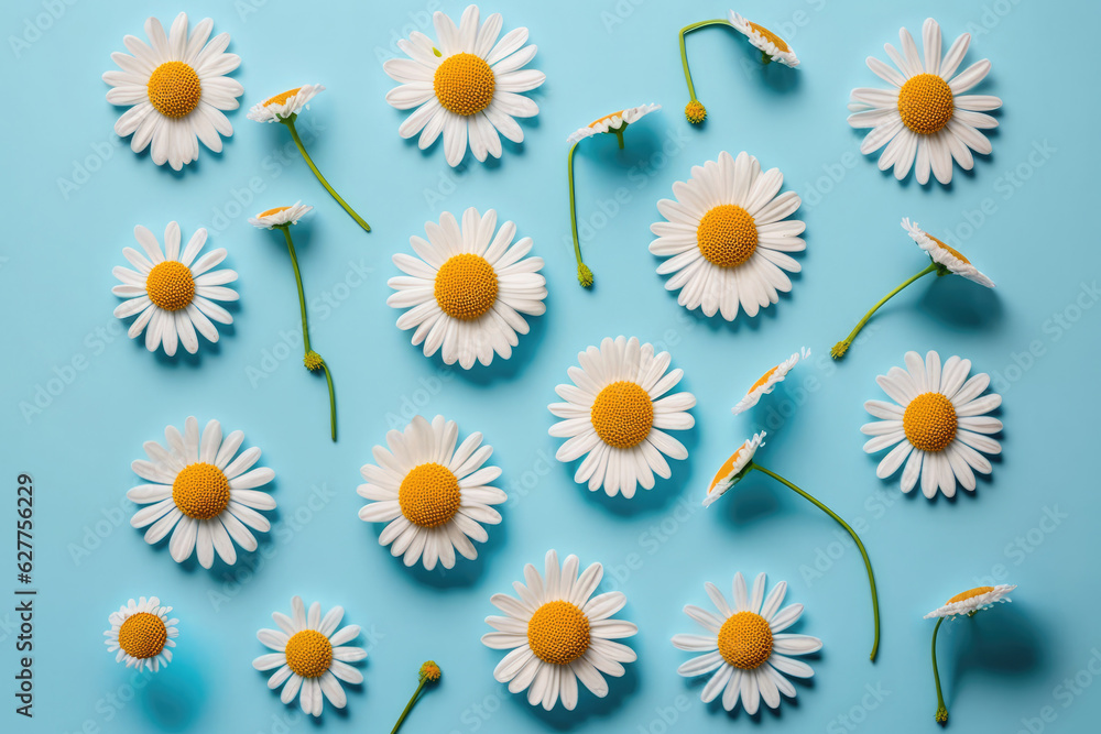 Daisy pattern. Flat lay spring and summer chamomile flowers on a blue background, generative AI