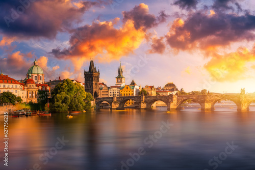 Old town of Prague. Czech Republic over river Vltava with Charles Bridge on skyline. Prague panorama landscape view with red roofs.  Prague view from Petrin Hill  Prague  Czechia.