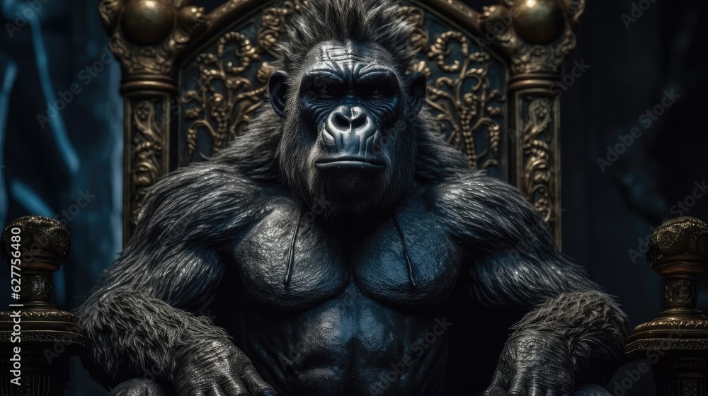 king gorilla sitting on a throne. Created with Generative AI.