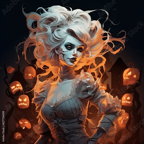 Halloween woman, female person with Jack lanterns, pumpkins. Holiday horror costume dress, vampire gothic model in night. Mysterious sexy witch