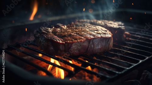 Beef steaks on the grill. Created with Generative AI.