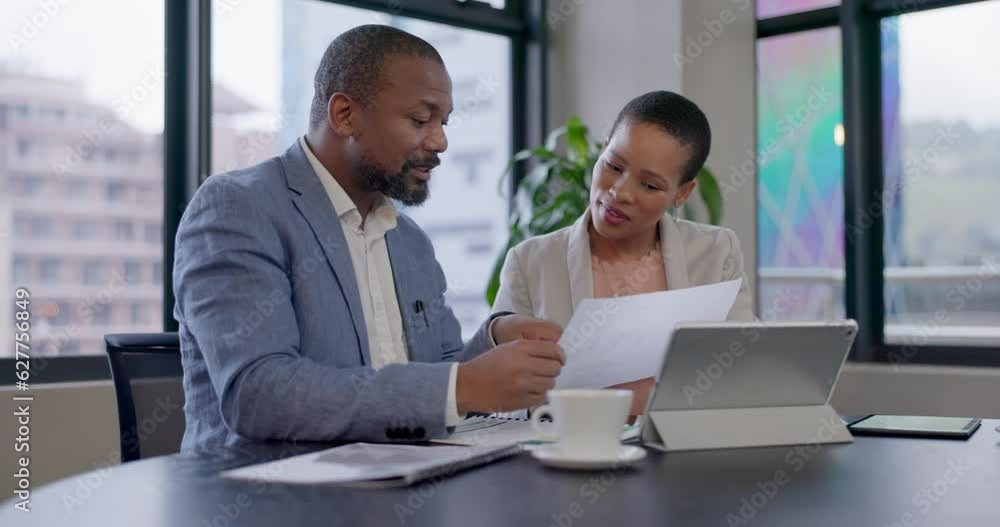 Tablet, businessman or black people in a meeting with documents for planning, coaching or media training. Teamwork, learning or African manager talking, helping or speaking of data in mentorship Tablet, businessman or black people in a meeting with documents for planning, coaching or media training. Teamwork, learning or African manager talking, helping or speaking of data in mentorship