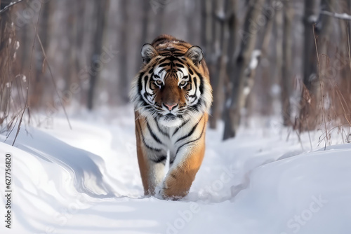 Tiger in wild winter nature with snow flakes. Amur tiger running in the snow, generative AI © Kien