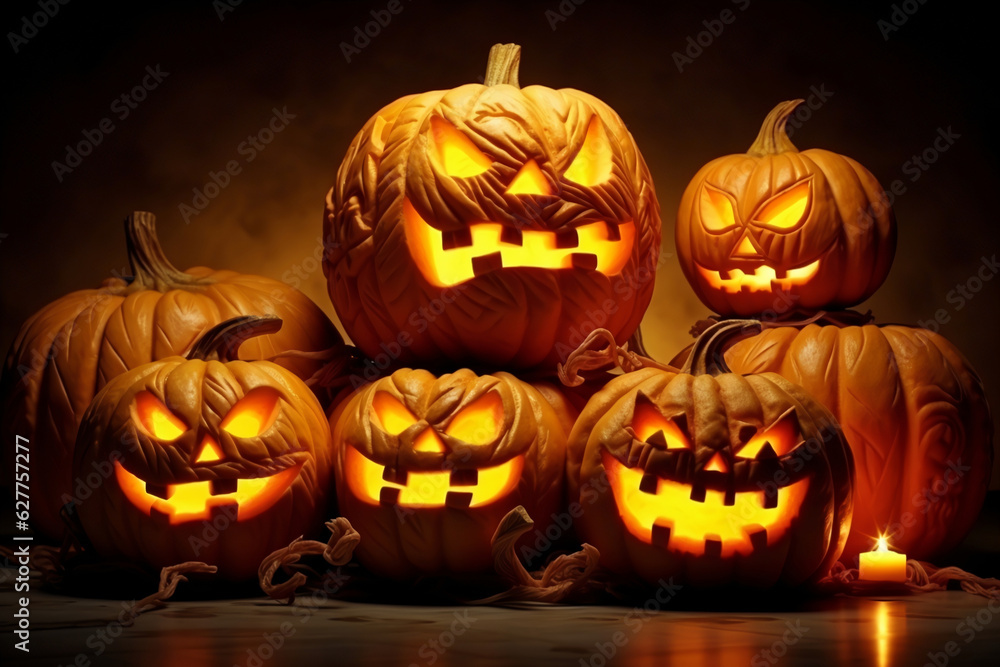 Halloween jack o lantern pumpkins. Generative AI. Halloween jack o lantern pumpkins. Generative AI.