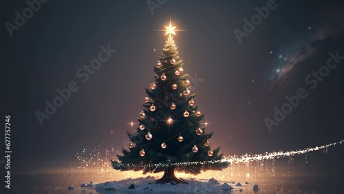 AIで作成したクリスマスツリー(光のエフェクトが周りを舞う)