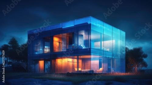 Beautiful glass house. Luxurious house. Created with generative AI.