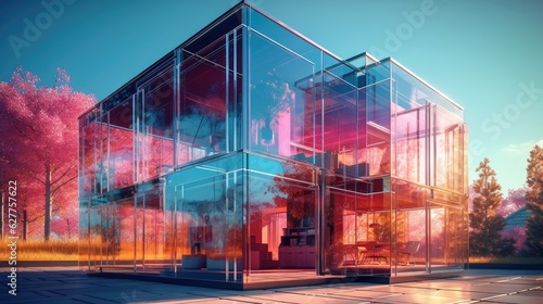 Beautiful glass house. Luxurious house. Created with generative AI.