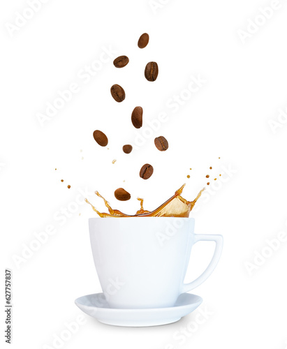 splash of coffee in a white cup and levitation of coffee beans