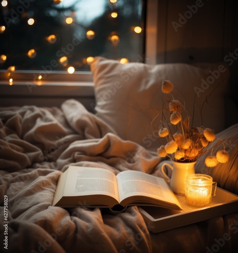 Cozy background with coffee cup and book