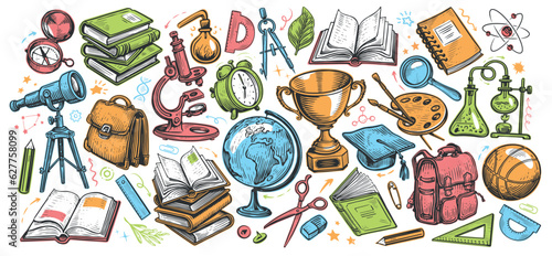 Education objects set. School supplies collection. College concept, vector illustration