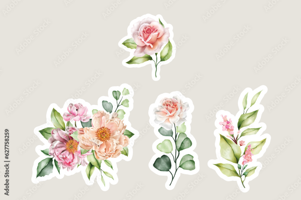 Fototapeta premium watercolor peony sticker arrangement illustration design