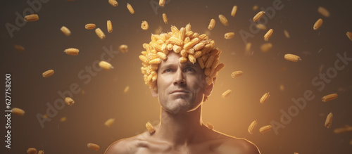 A handsome man covered in corn. Surreal and bizarre advertising photo concept. Studio photography, odd. Corn cob.