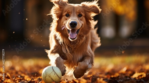Dog plays with ball in autumn park © olegganko
