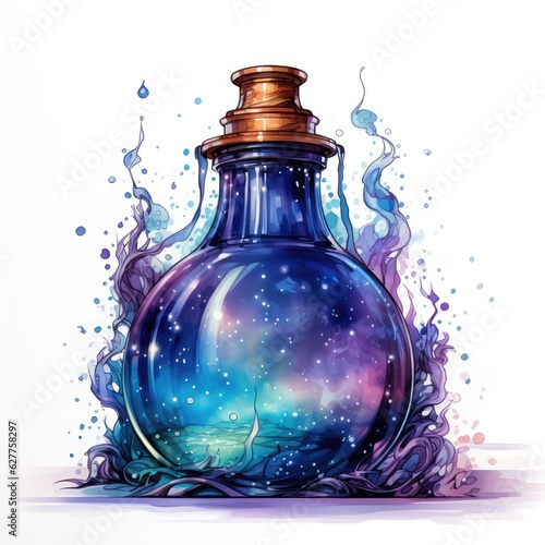 Watercolor Clipart Cute Pixar Style Potion Bottle with Sparkling Liquid