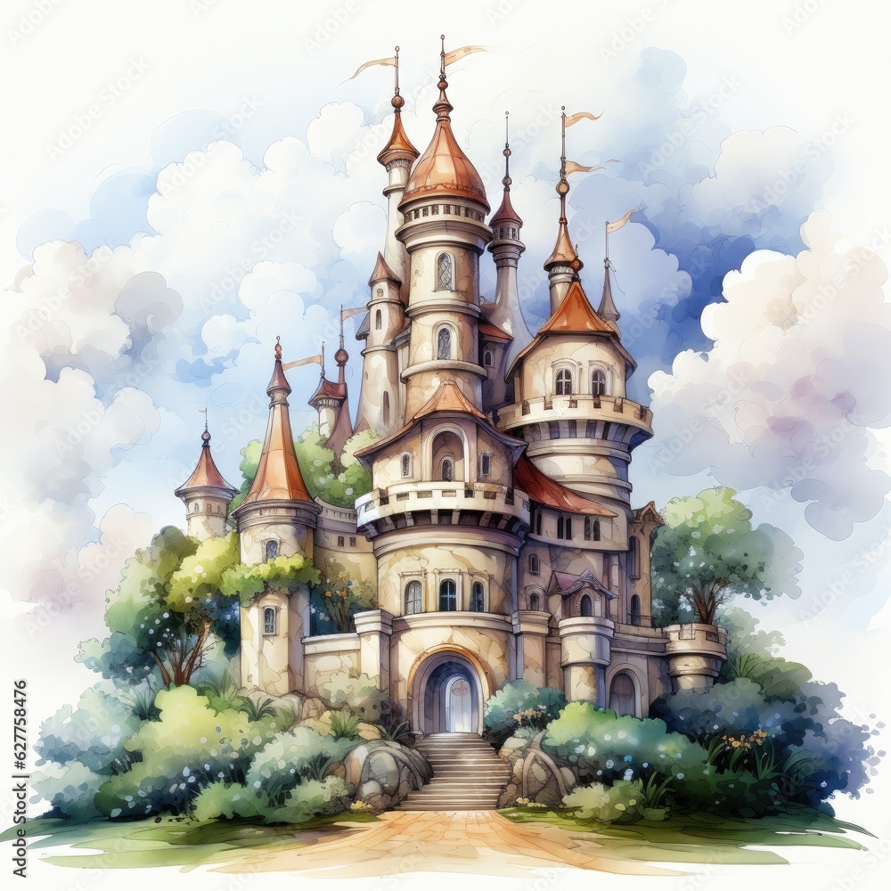 Watercolor Clipart Cute Pixar Style Castle with Turrets and Flags