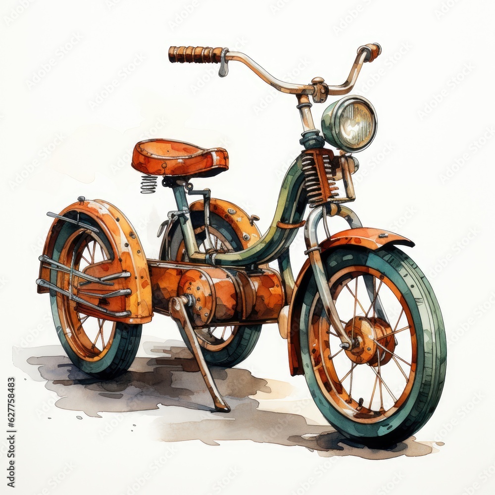 Watercolor Clipart Classic Tricycle with a Vintage Design