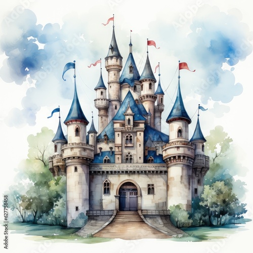 Watercolor Clipart Cute Pixar Style Castle with Turrets and Flags