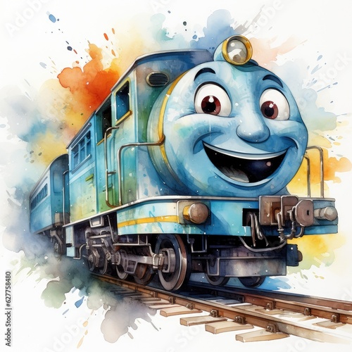 Watercolor Clipart Choo-Choo Train with Smiling Face photo