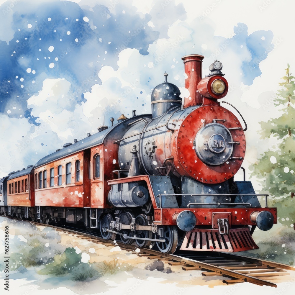 Naklejka premium Watercolor Clipart Retro Train with Polka Dot Pattern, on white background