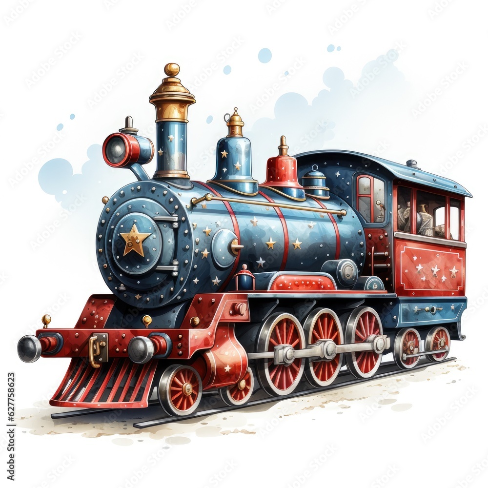 Watercolor Clipart Retro Train with Polka Dot Pattern, on white background