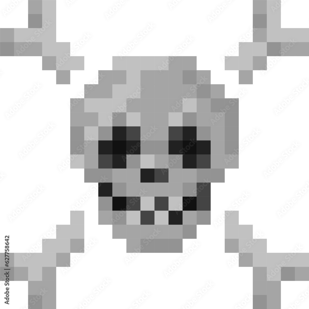 Skull with crossbones pixel illustration. 8 bit pirate symbol icon or caution sign. Vector.