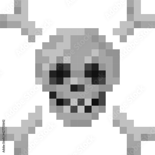 Skull with crossbones pixel illustration. 8 bit pirate symbol icon or caution sign. Vector.
