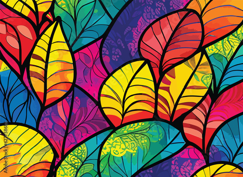 A unique and affectionate hand-drawn leaf pattern adorned with a spectrum of colors