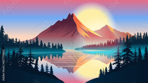 Mountaintop landscape vector - Tranquil nature scene with sunset, forest, calm lake, mountains and beautiful colours