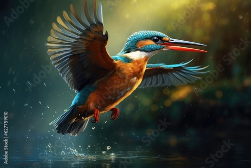 Kingfisher bird flying over water. Wildlife scene from nature. A Kingfisher catching a fish and flying, AI Generated © Ifti Digital