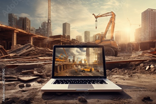 Laptop with construction site on the background. 3d rendering. A laptop amidst a bustling construction site symbolizes the foundation of progress and innovation in the digital age, AI Generated