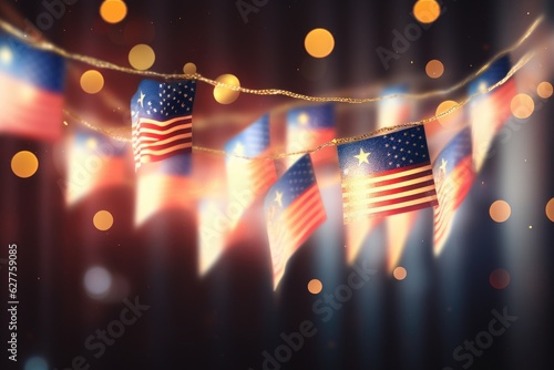 American flag garland with bokeh lights. 3d rendering, A garland of Malaysia national flags on an abstract blurred background, AI Generated © Ifti Digital