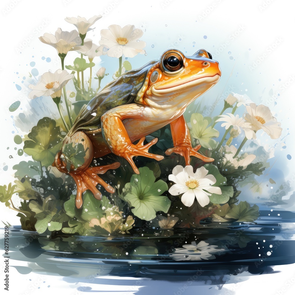 Watercolor Clipart Majestic Frog Leaping Over Pond with Watercolor ...