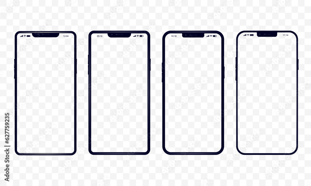 Mobile phone mockups - Vector templates of various unbranded smartphones with transparent screen and background Mobile phone mockups - Vector templates of various unbranded smartphones with transparent screen and background