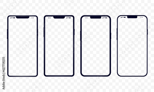 Mobile phone mockups - Vector templates of various unbranded smartphones with transparent screen and background