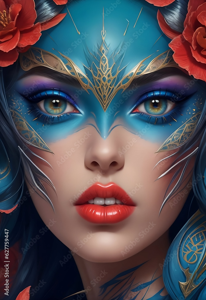 woman with face art , blue eyes