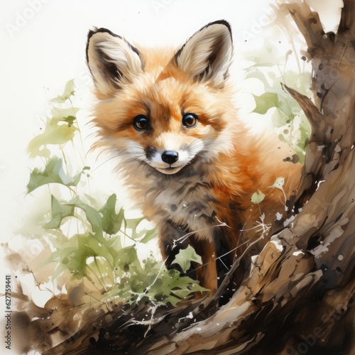 Hand Painted Watercolor Clipart Cute Baby Fox Peeking Behind Tree