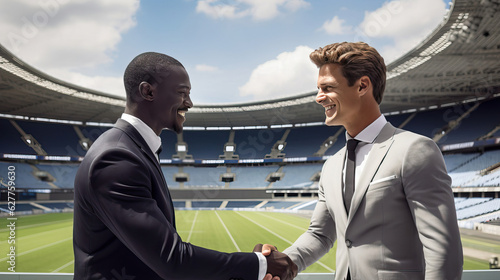 Fottball player shaking hands with manager photo