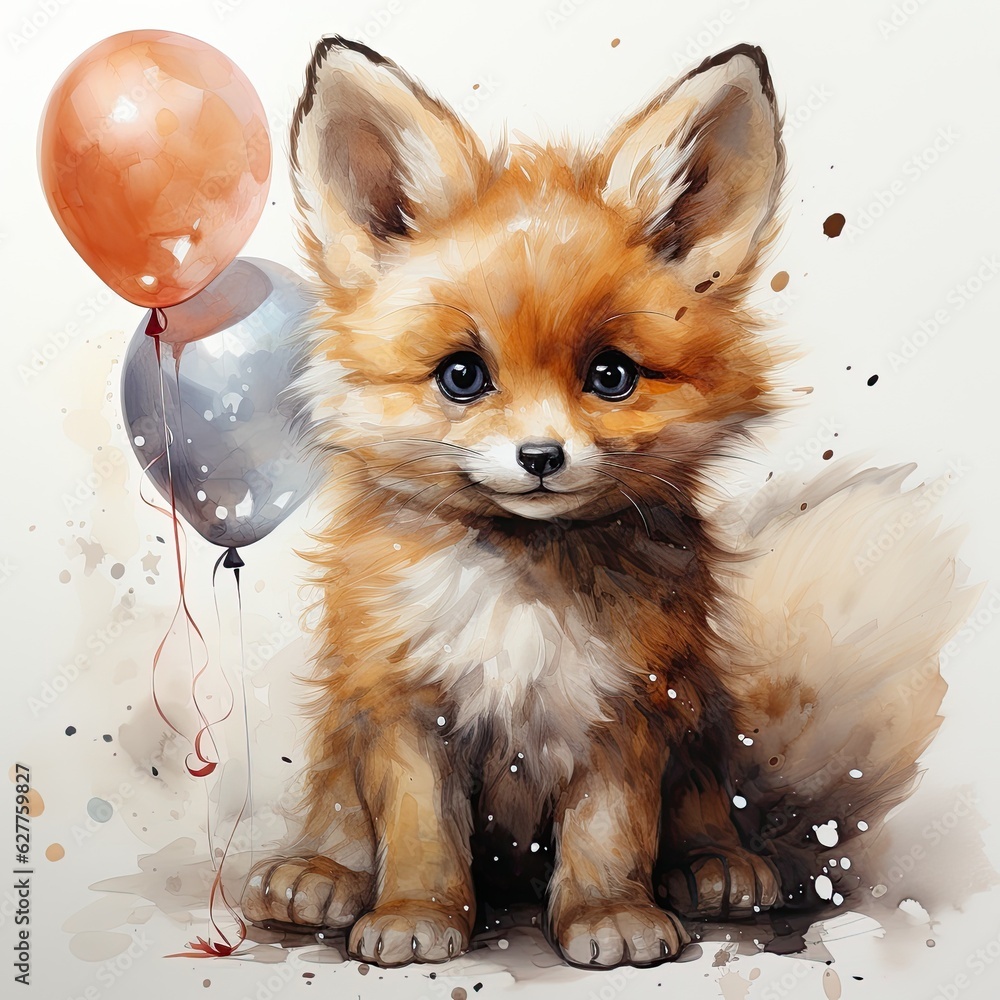 Obraz premium Hand Painted Watercolor Clipart Cute Baby Fox with a Party Hat
