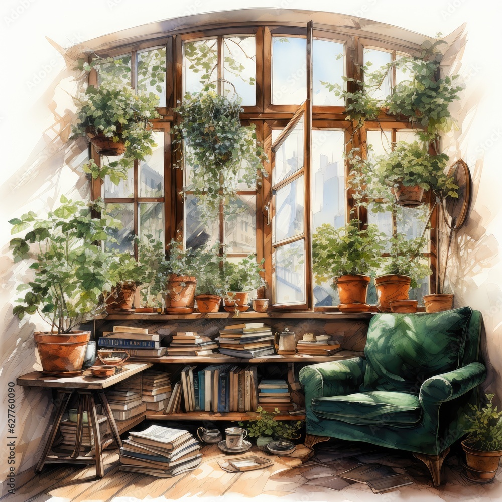 Hand Painted Watercolor Clipart Cute Watercolor Reading Windows