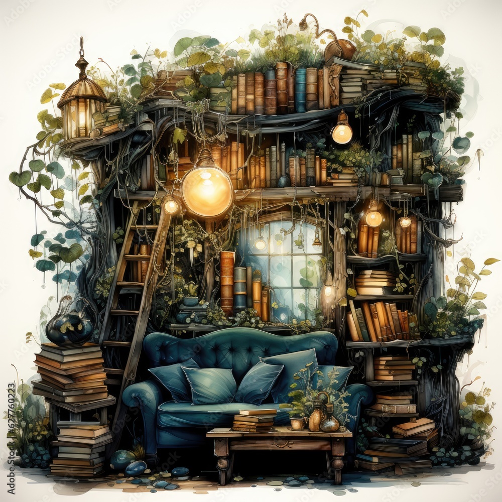 Fototapeta premium Enchanting Book Nook with Bookcase and Magical Fireflies